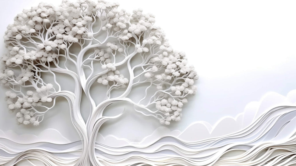 White 3D tree relief wallpaper design file showing intricate branch details and texture pattern