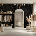 Black and gold tree wallpaper creating drama in a modern living room with high ceilings