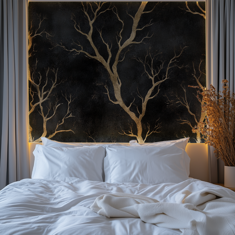 Gold branch wallpaper making a bold statement in a luxury master bedroom