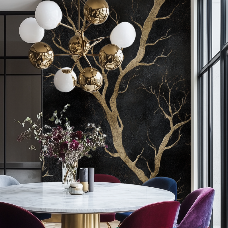 Elegant tree branch mural adding sophistication to a dining room setting