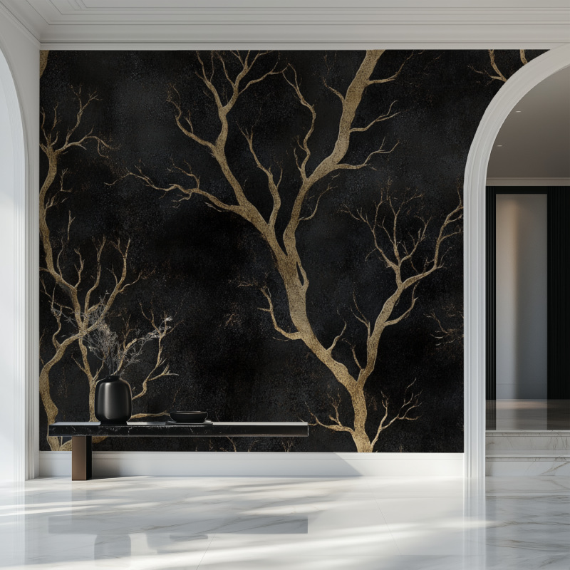Black and gold tree design transforming a home office with dramatic flair