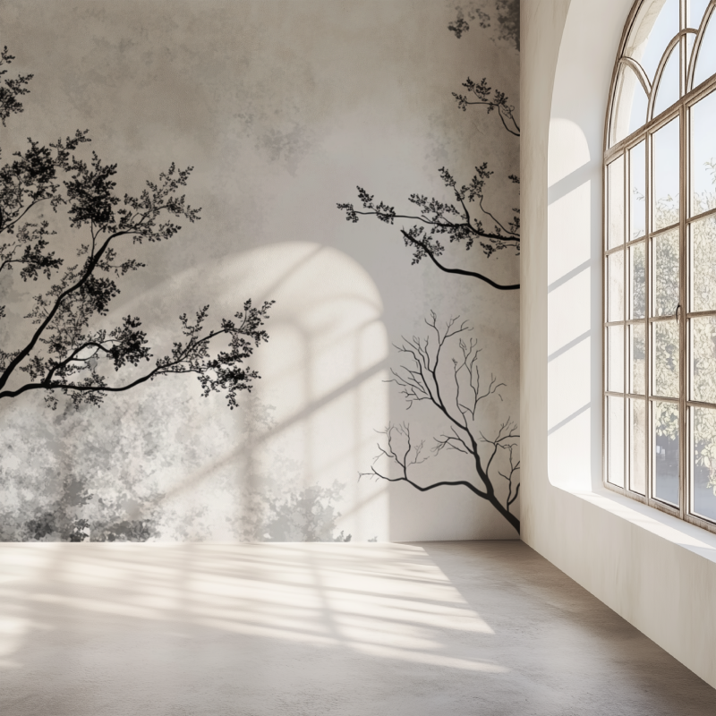 Minimalist tree silhouette mural adding character to a bright bedroom space