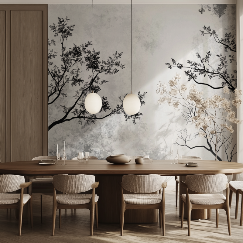 Black branch wallpaper making a statement in a contemporary dining room