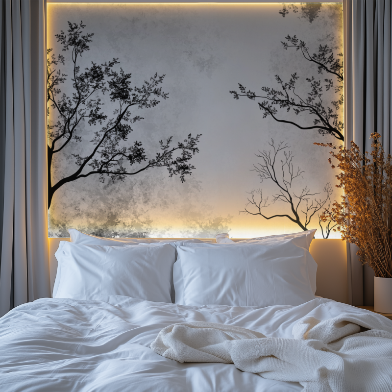 Tree branch mural creating an elegant backdrop in a home office setup