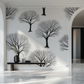 Black and white tree wallpaper in modern living room creating peaceful atmosphere