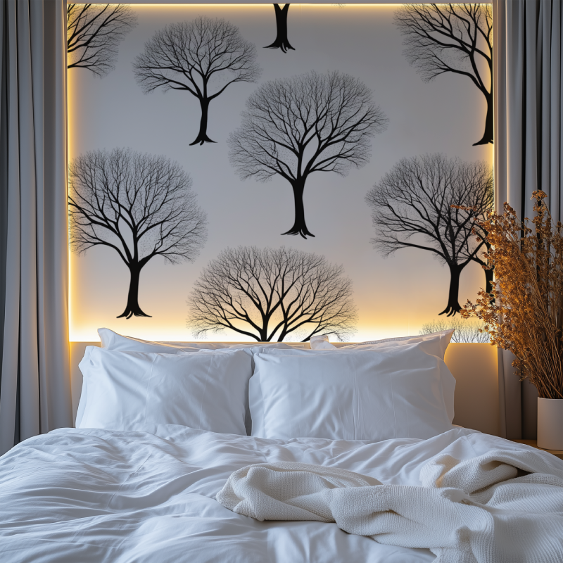 Minimalist tree mural in bedroom showing dramatic contrast