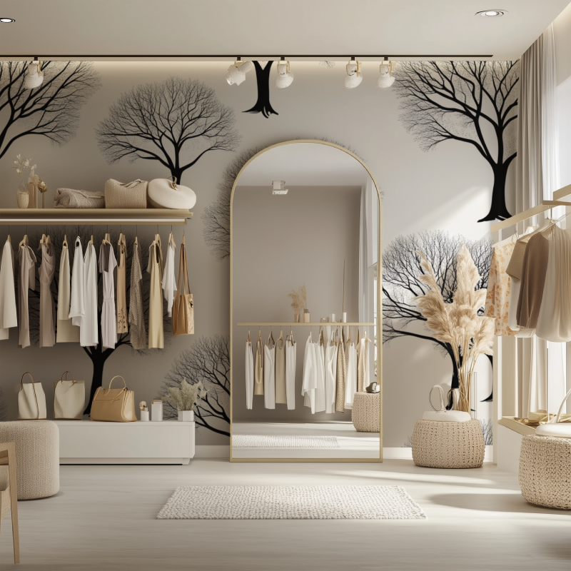 Black and white forest wallpaper in dining room with natural lighting
