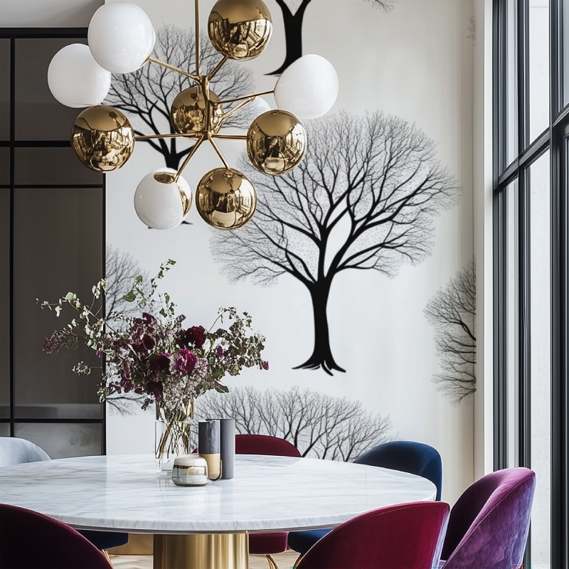 Modern tree wall mural creating depth in home office space