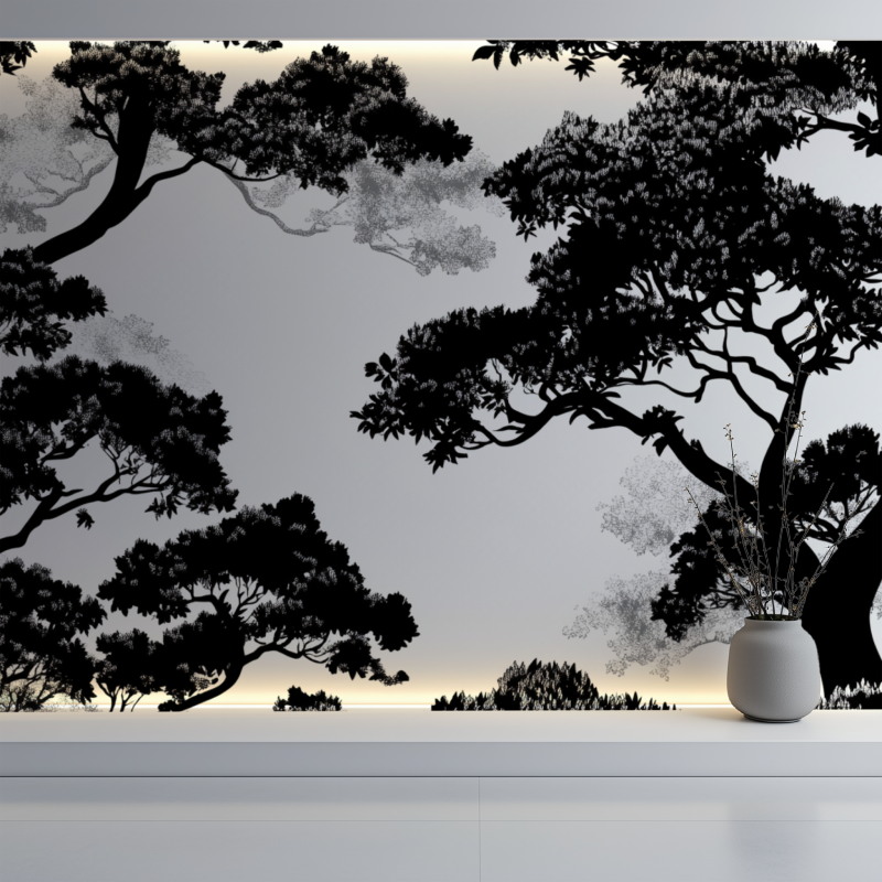 Minimalist tree mural in stylish bedroom with natural light