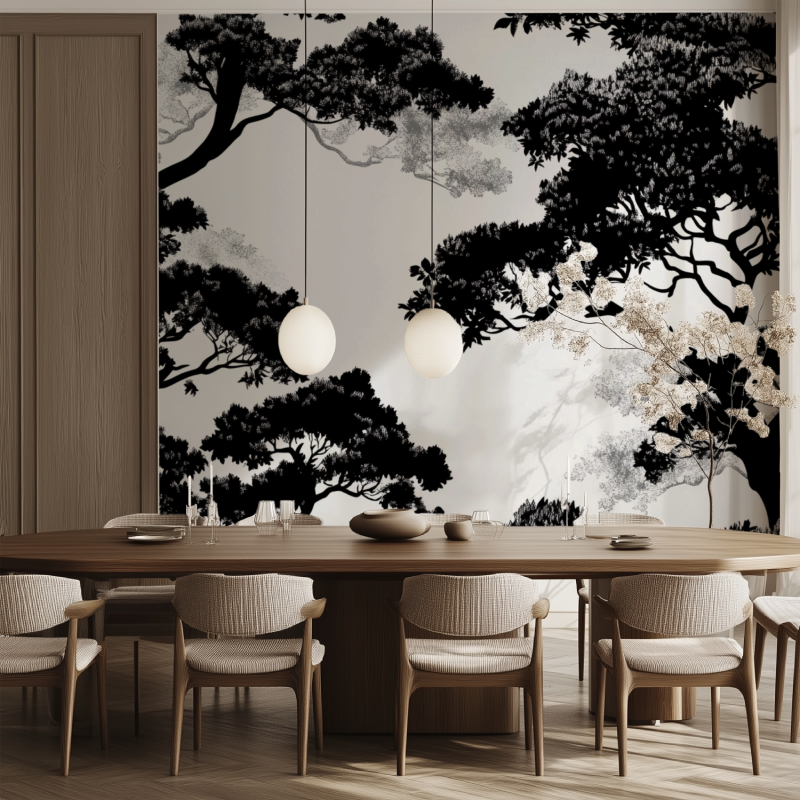 Tree silhouette wallpaper making statement in home office space