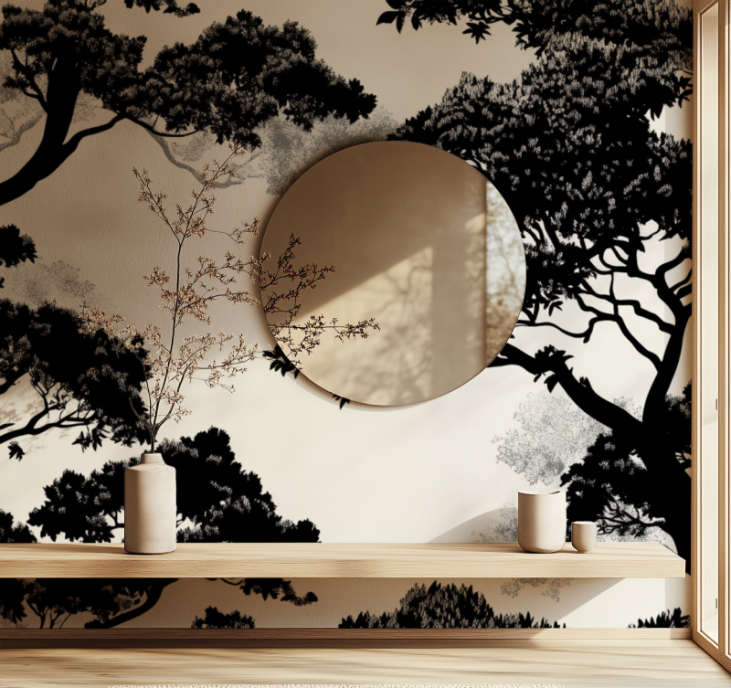Black and white tree design adding height to dining room walls
