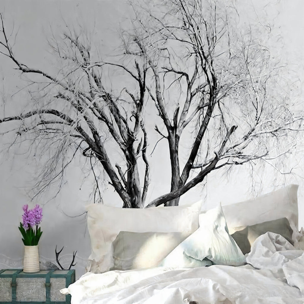 Forest wallpaper making a statement in a home office with clean Scandinavian decor