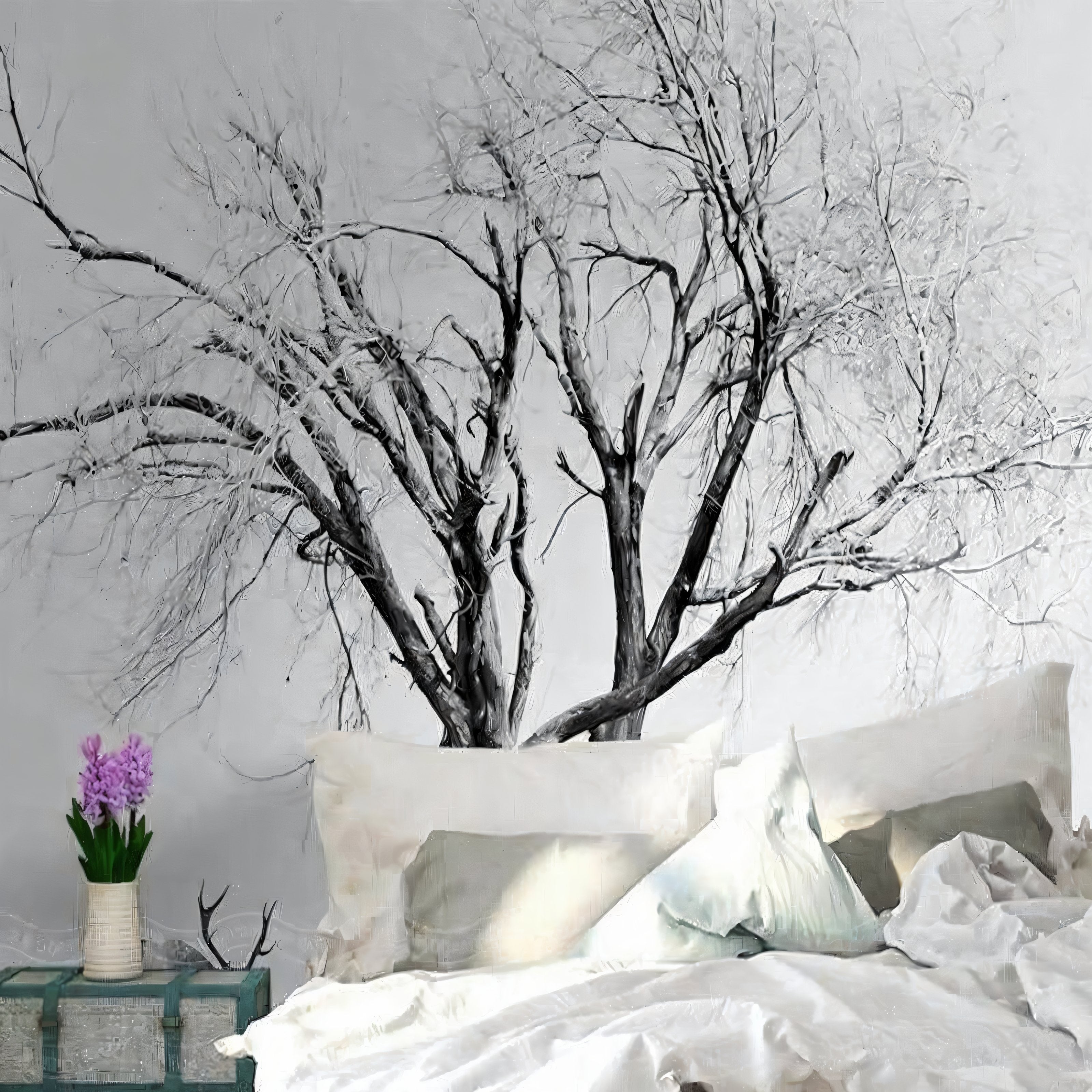 Forest wallpaper making a statement in a home office with clean Scandinavian decor
