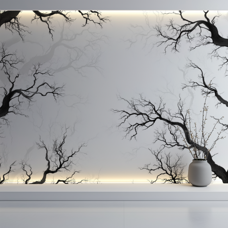 Minimalist bedroom featuring black tree silhouette wallpaper with white bedding