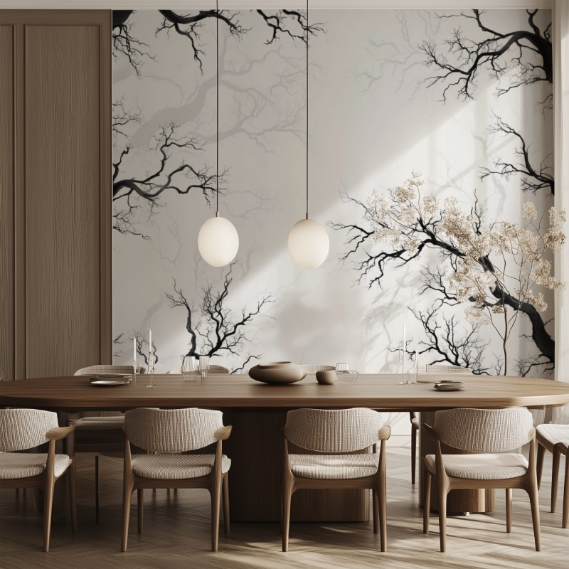 Black and white tree mural in dining room with wooden table and pendant lights
