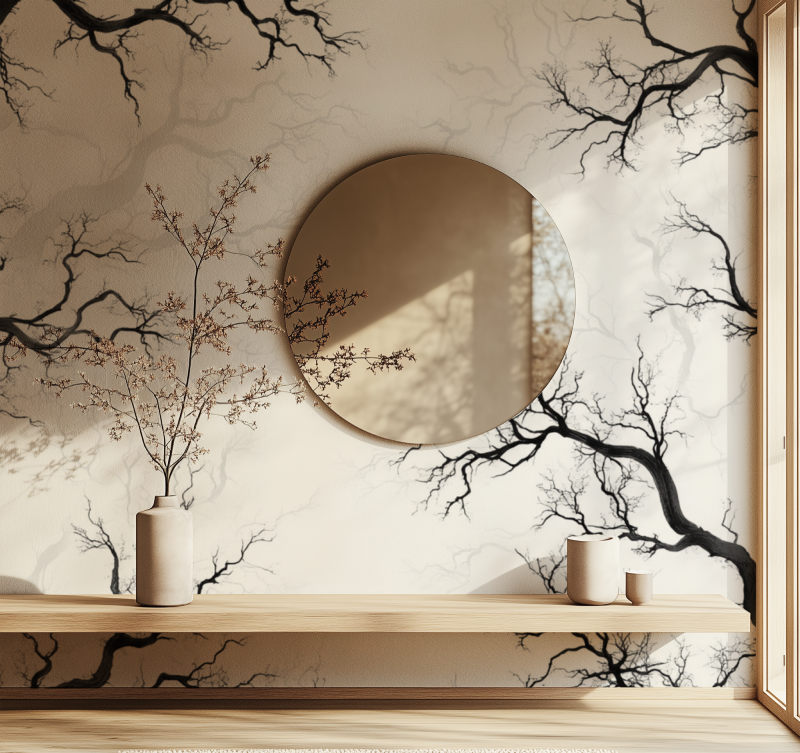 Hallway transformed with minimalist tree branch wallpaper creating visual interest