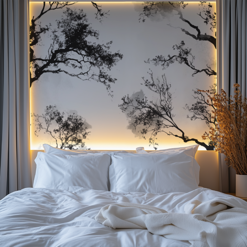 Black tree silhouette wallpaper in modern living room creates dramatic accent wall