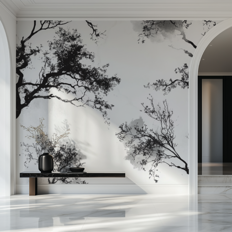 Minimalist bedroom with black tree wall mural adding natural elegance