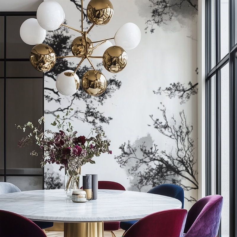 Home office featuring striking black and white tree mural wallpaper