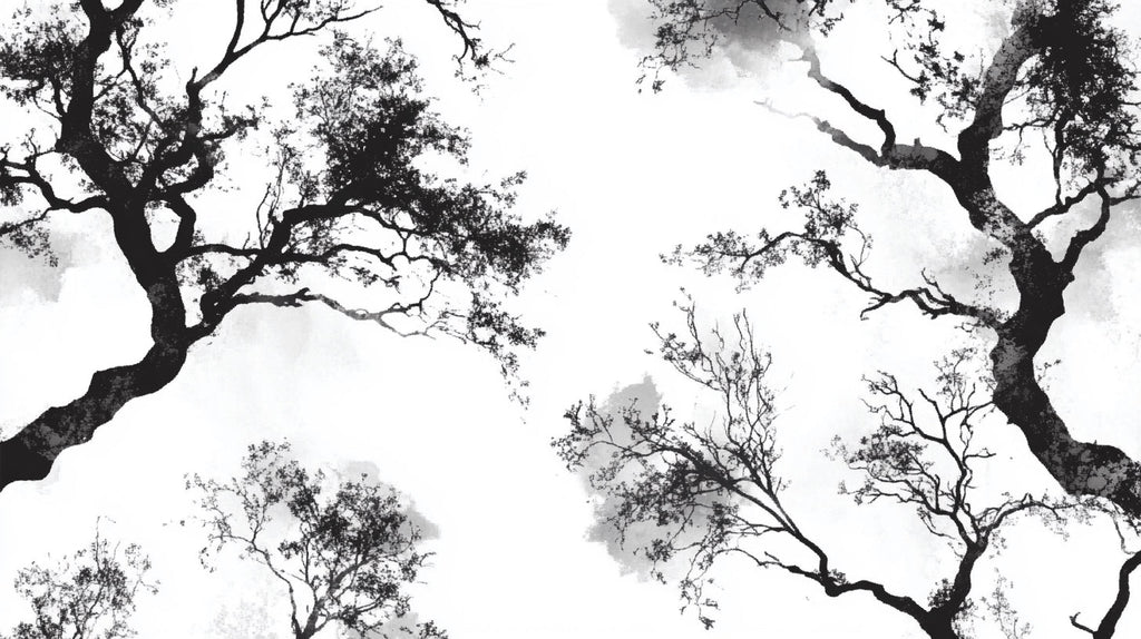 Black tree silhouette wallpaper design file showing intricate branch details on white background