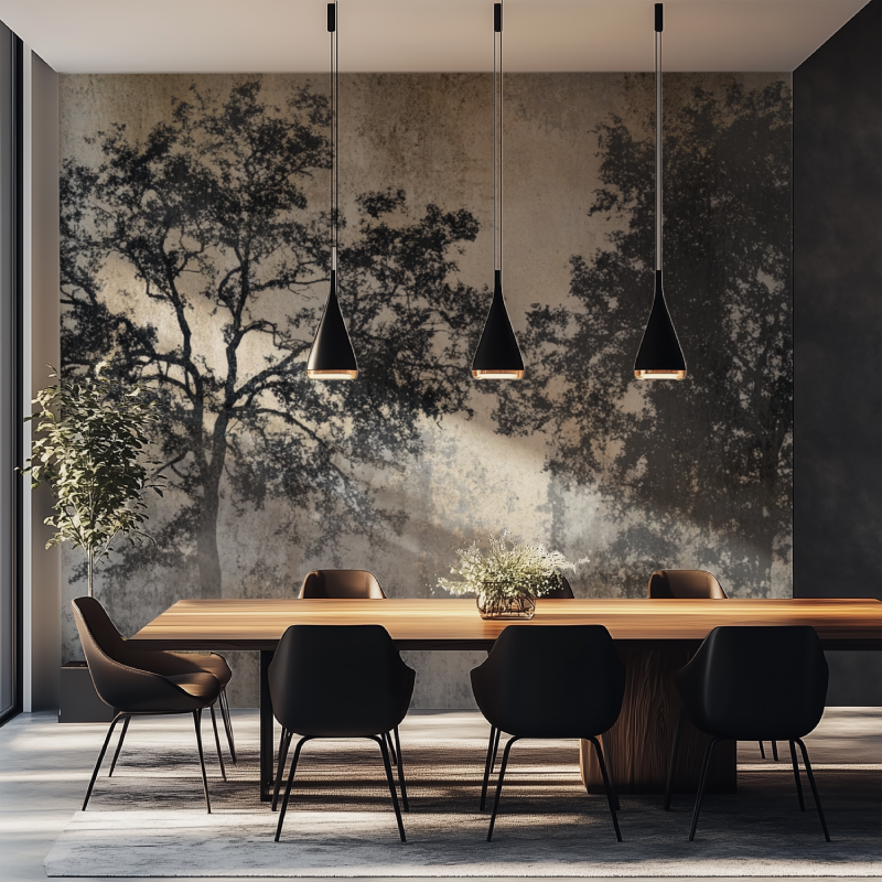Modern tree silhouette wallpaper in a minimalist living room, creating depth with concrete effect background