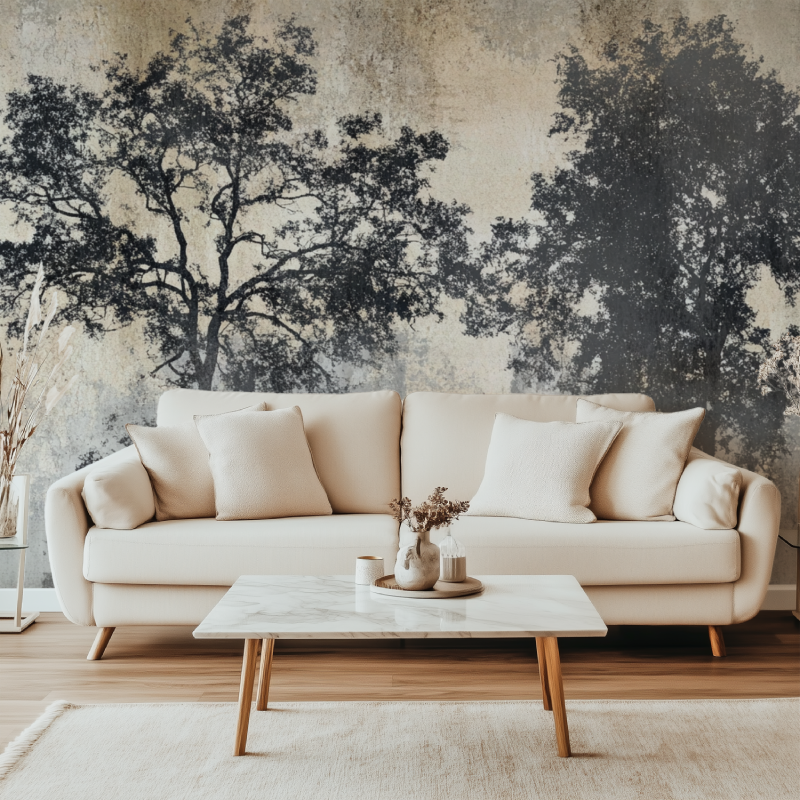 Tree mural wallpaper showcased in a contemporary dining room with industrial touches