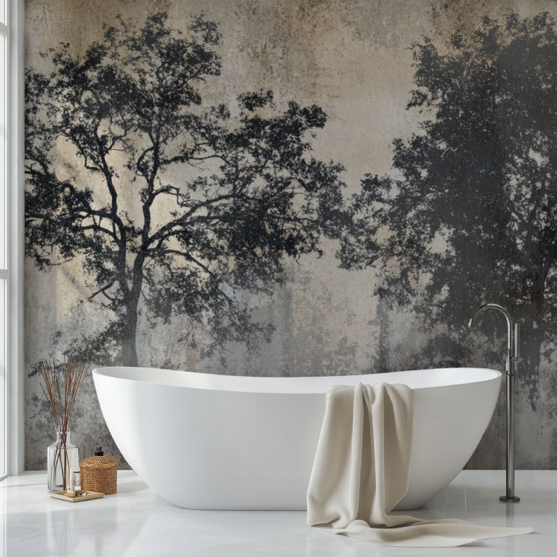 Black tree silhouette wall mural in an office space with natural lighting