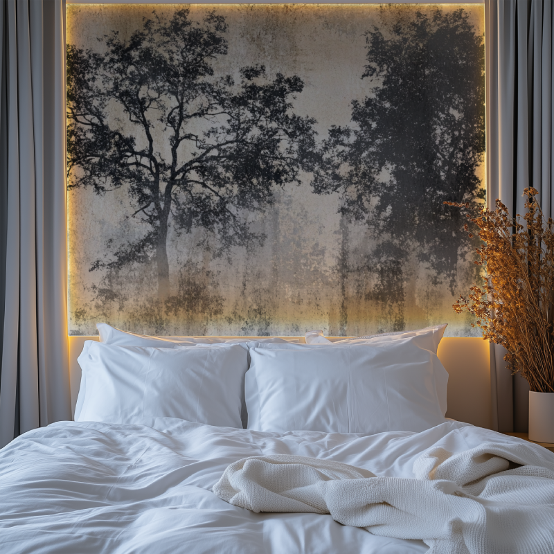 Concrete effect tree wallpaper creating drama in a modern bedroom setting