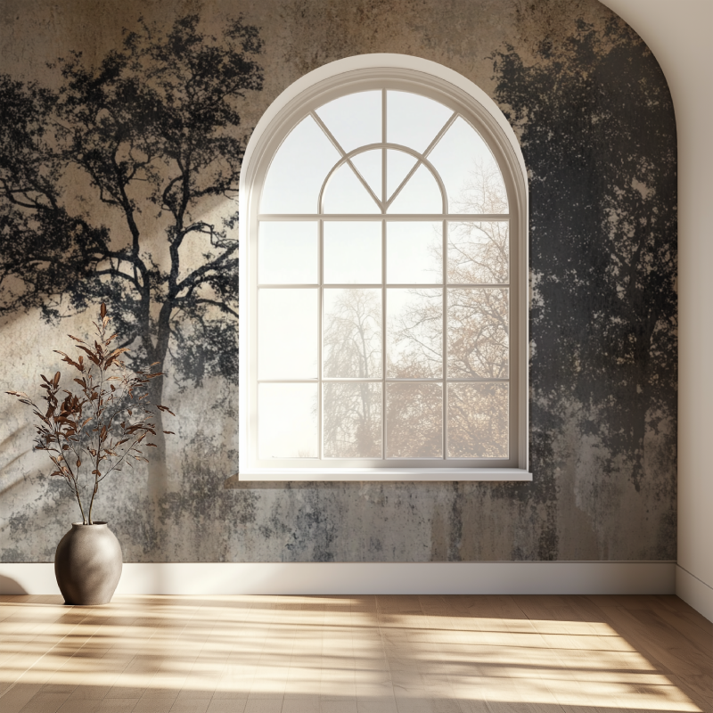 Tree silhouette mural adding character to an urban-style entrance hallway
