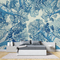 Blue Forest Canopy Wallpaper in modern living room with tall windows and natural light