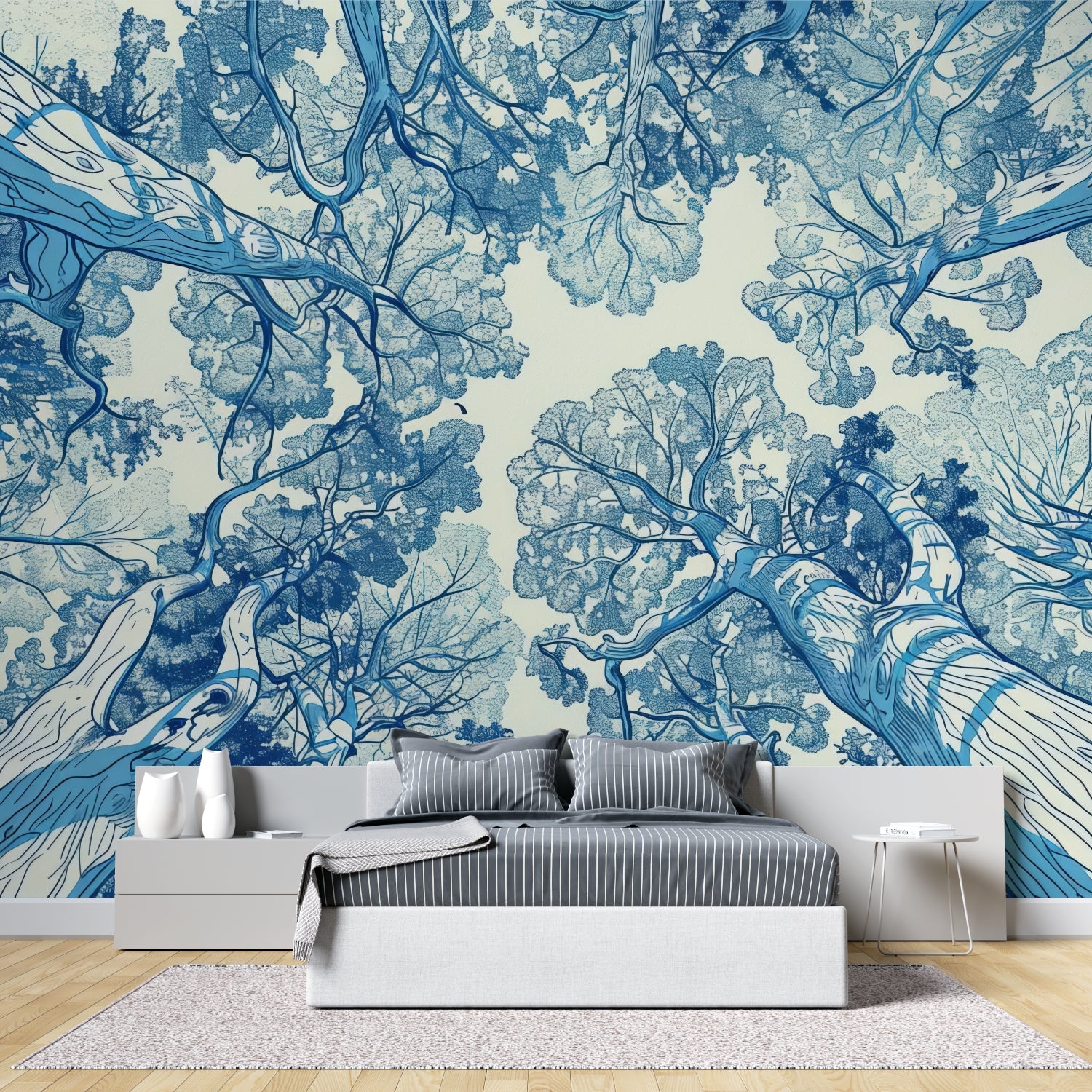 Blue Forest Canopy Wallpaper in modern living room with tall windows and natural light