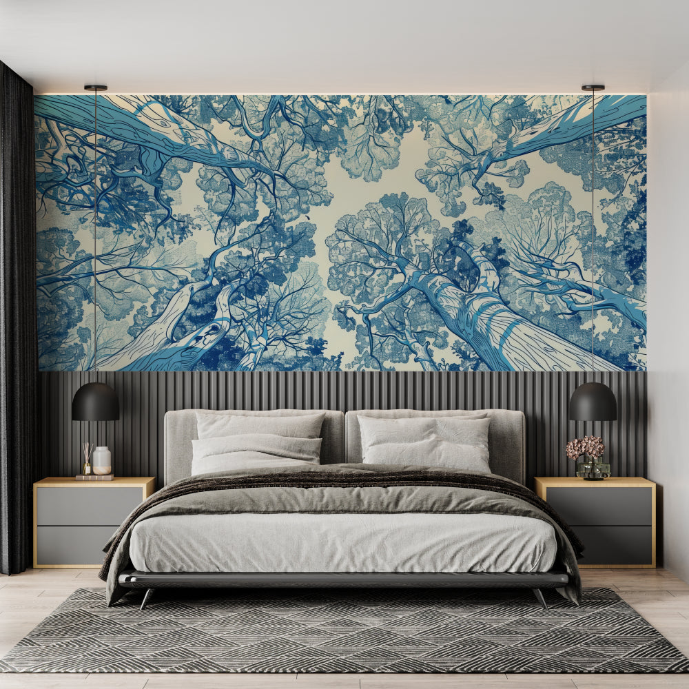 Tree Canopy Mural creating depth in master bedroom with minimal furniture