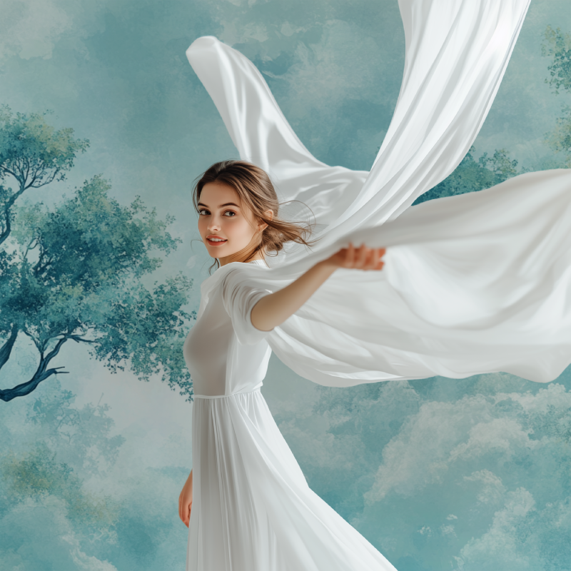 Dreamy blue sky mural with tree branches in meditation room setting