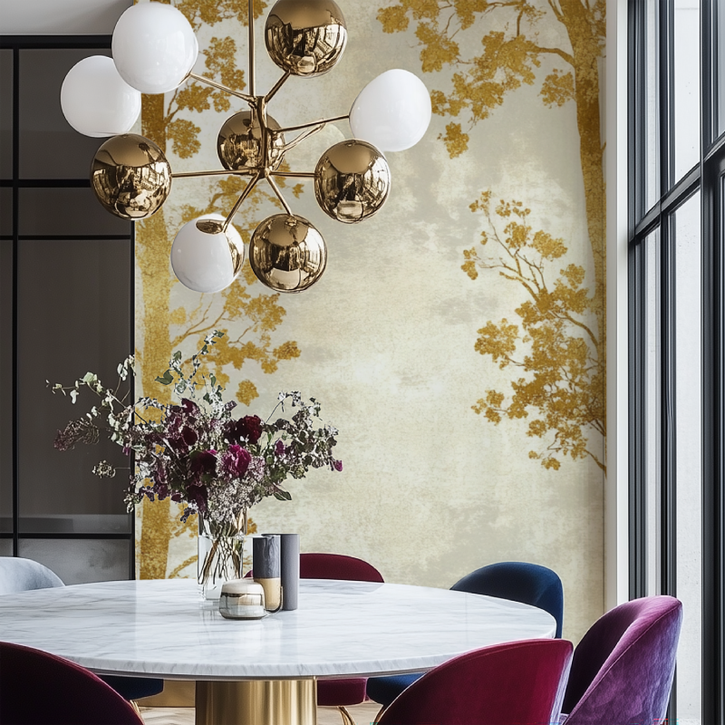 Gold Tree Mural Wallpaper showcased in a modern dining room with soft lighting