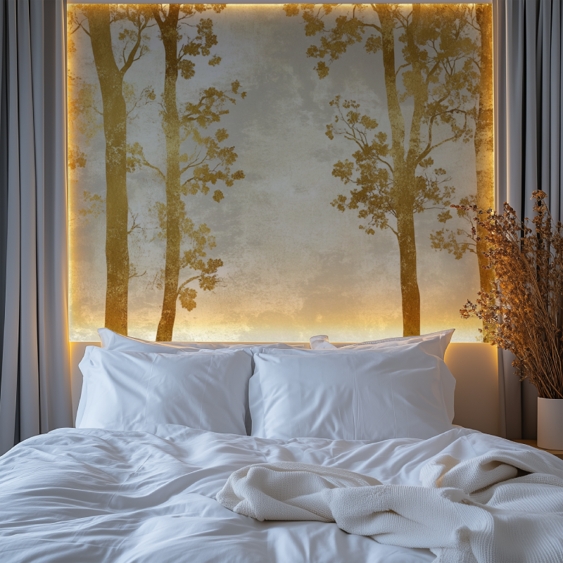 Elegant gold tree wallpaper creating depth in a master bedroom setting