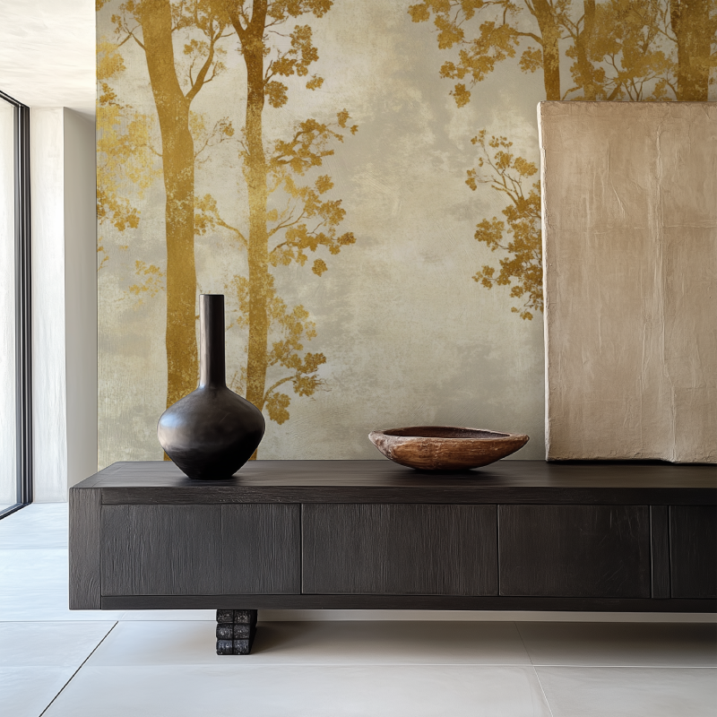Metallic tree branch pattern adding luxury to a living room accent wall