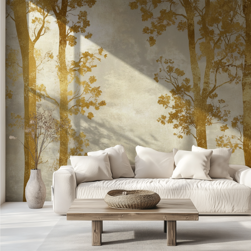 Gold tree wall mural bringing warmth to an office space