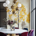Golden tree mural wallpaper in modern living room showing autumn leaves catching morning light