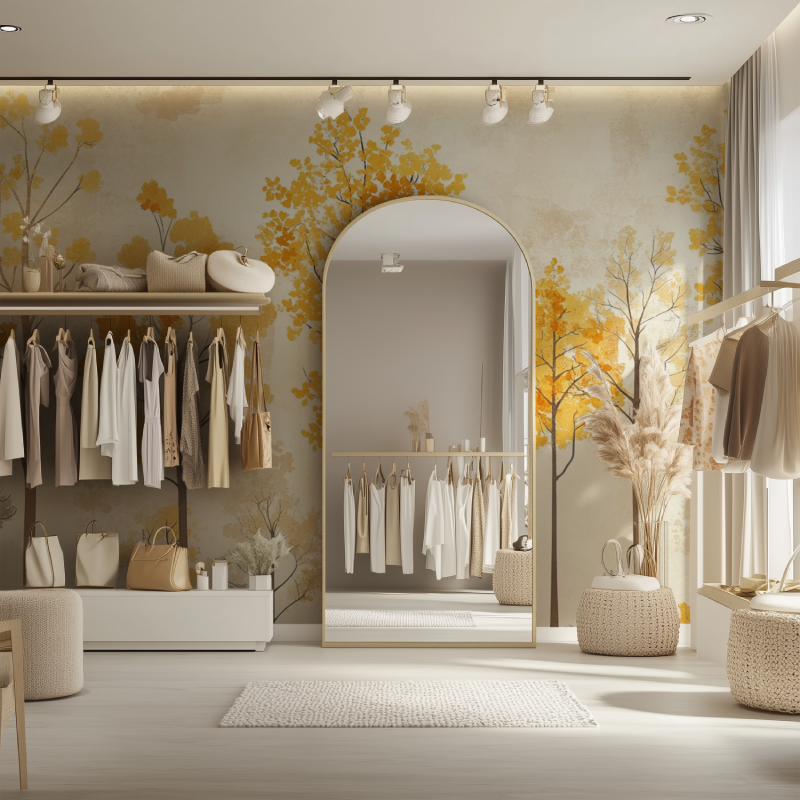 Autumn tree wallpaper creating warm atmosphere in master bedroom