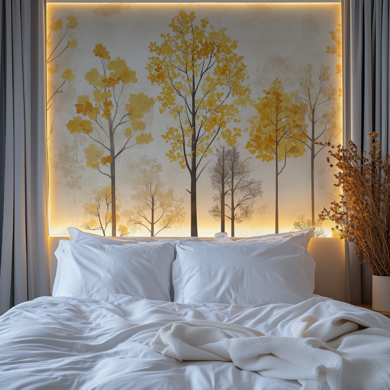 Golden leaves wall mural adding natural elegance to dining room space