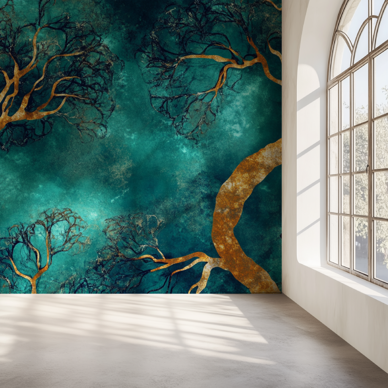 Golden tree wallpaper creating a warm glow in modern living room with grey sofa