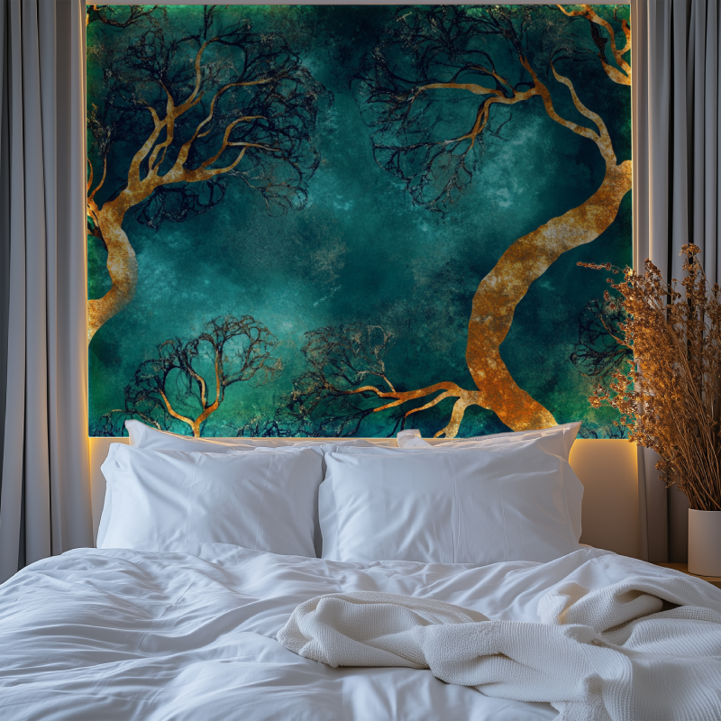 Teal and gold tree mural adding depth to master bedroom wall
