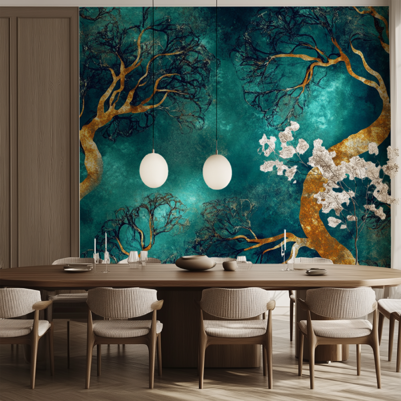 Forest tree wallpaper brightening dining room with golden branches