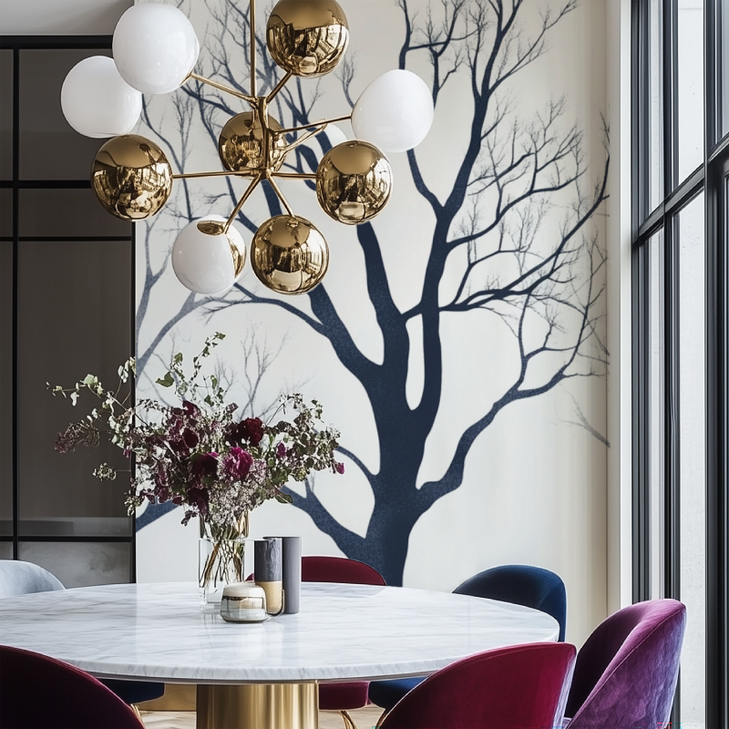 Minimalist black tree branch wallpaper creating drama in a modern living room with high ceilings