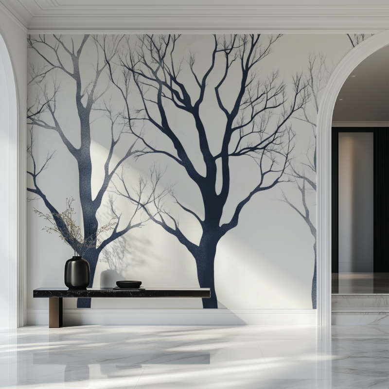 Elegant tree branch wallpaper design showcased in a contemporary dining room