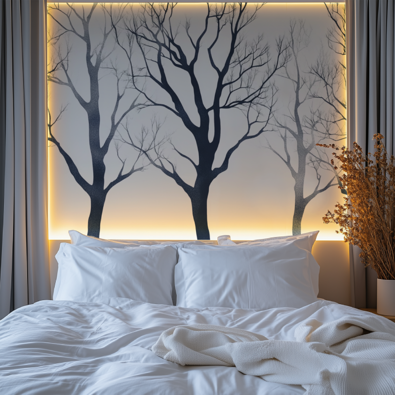 Black and white tree mural creating depth in a modern home office space