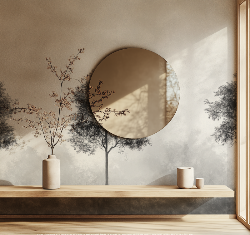 Minimalist grey tree wallpaper in modern living room with clean furniture and natural light