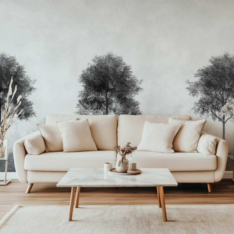 Black forest mural creating depth in minimal bedroom setting