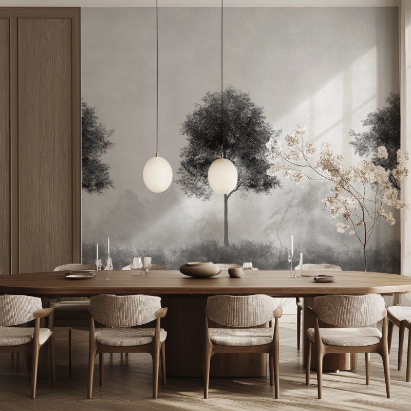 Minimalist forest wallpaper adding character to dining room