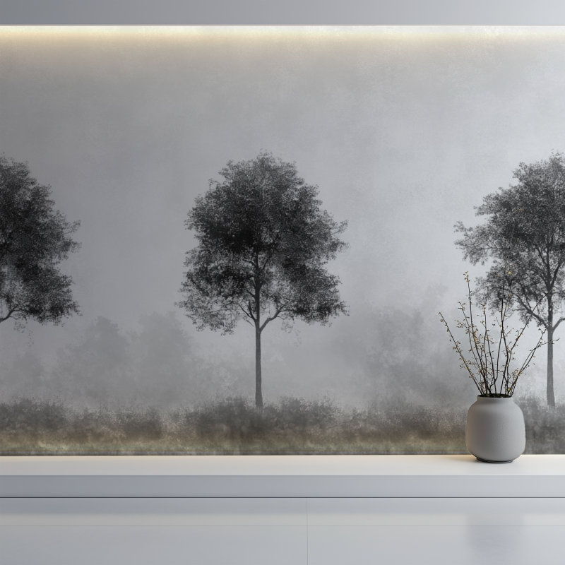 Black and grey tree mural in modern hallway setting